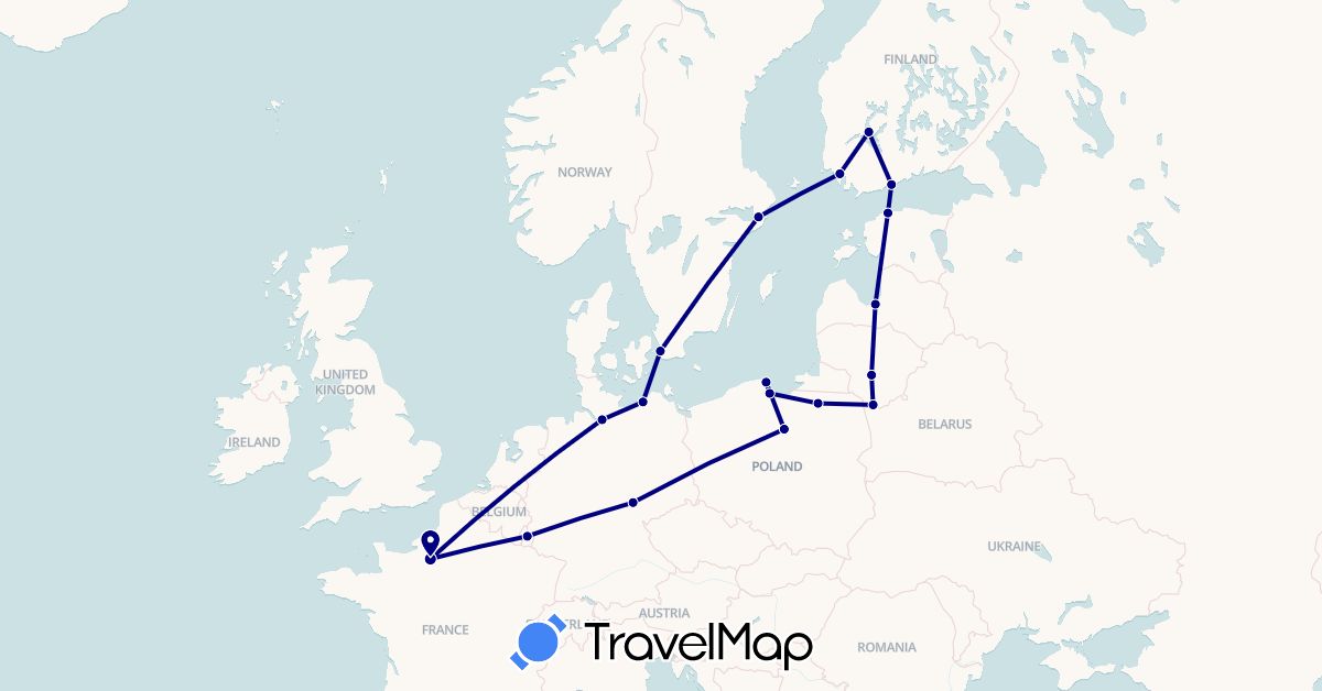 TravelMap itinerary: driving in Germany, Estonia, Finland, France, Lithuania, Luxembourg, Latvia, Poland, Sweden (Europe)